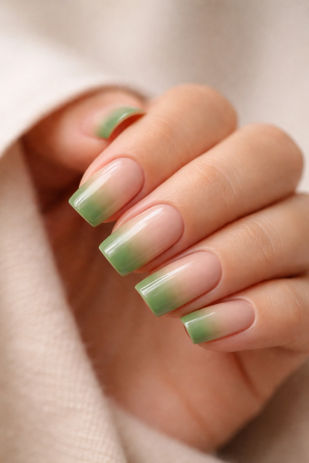 Close-up of green to nude gradient on short nails