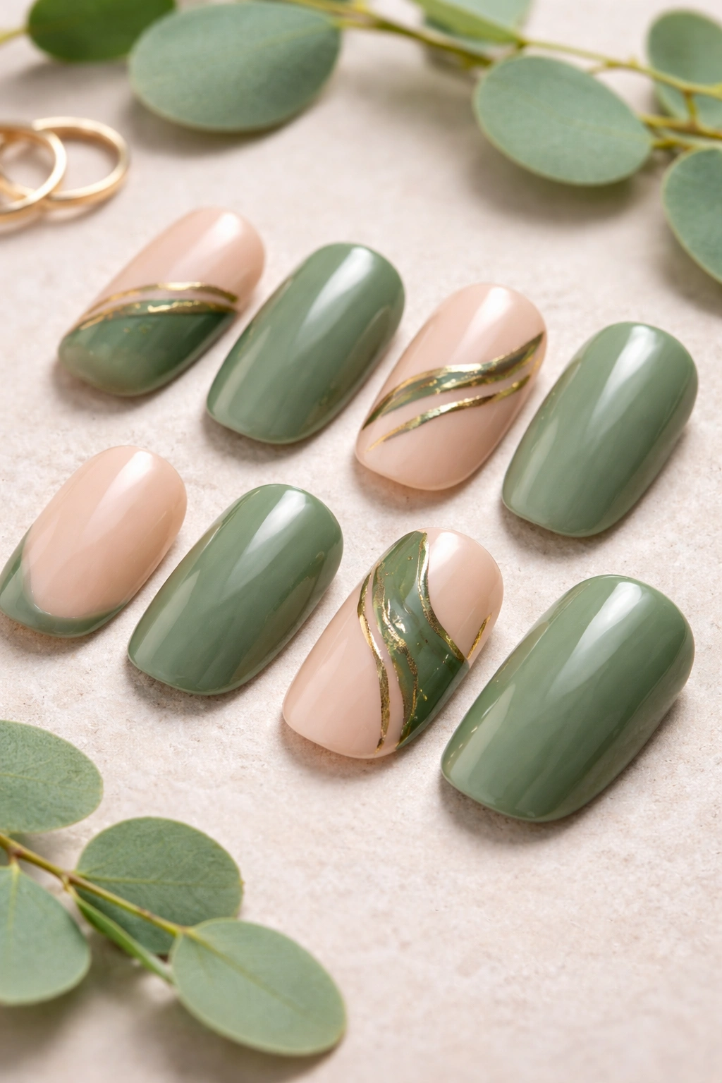 Arrangement of green and nude nails on a neutral surface