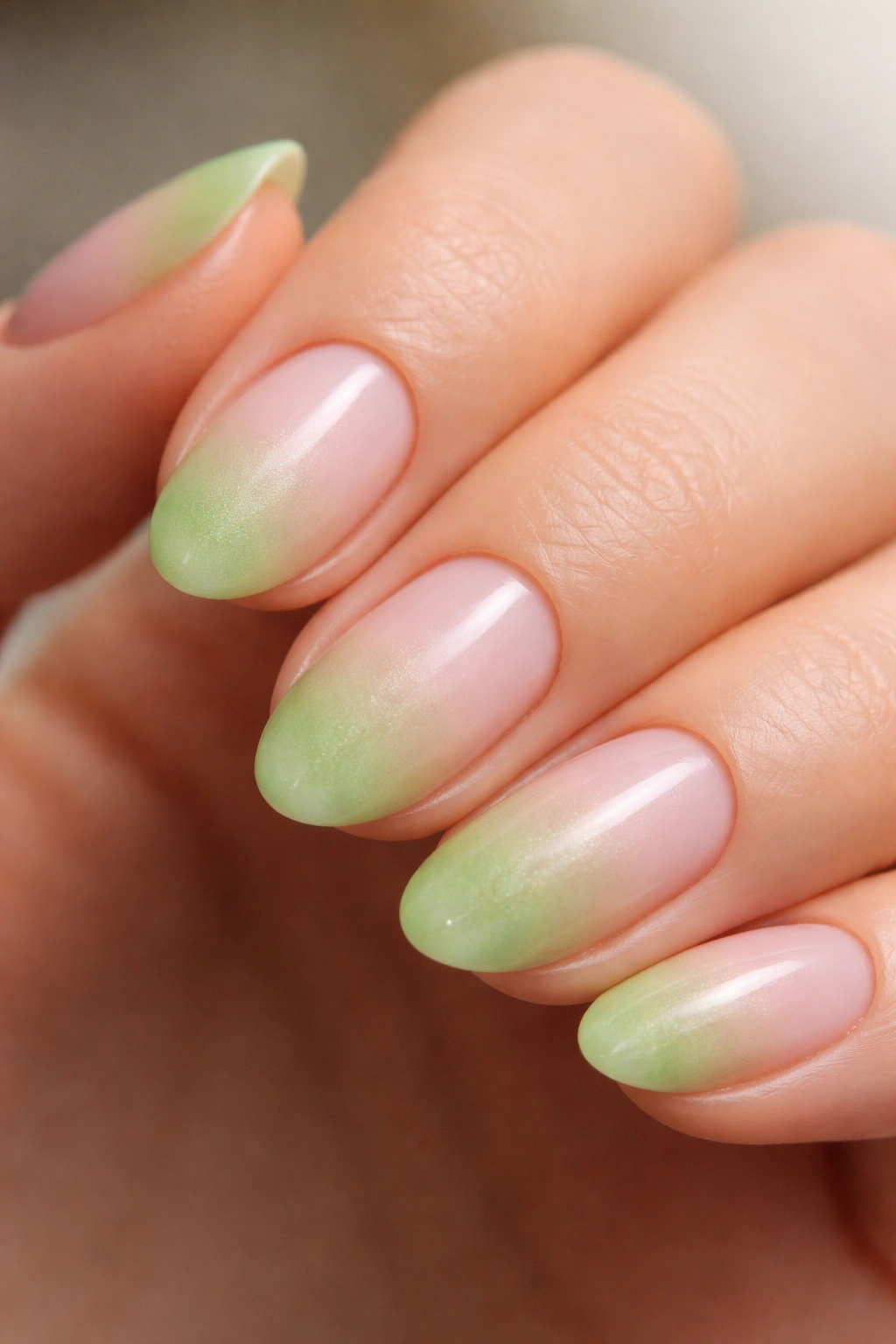 Close-up of a short almond nail with a soft green gradient from base to tip