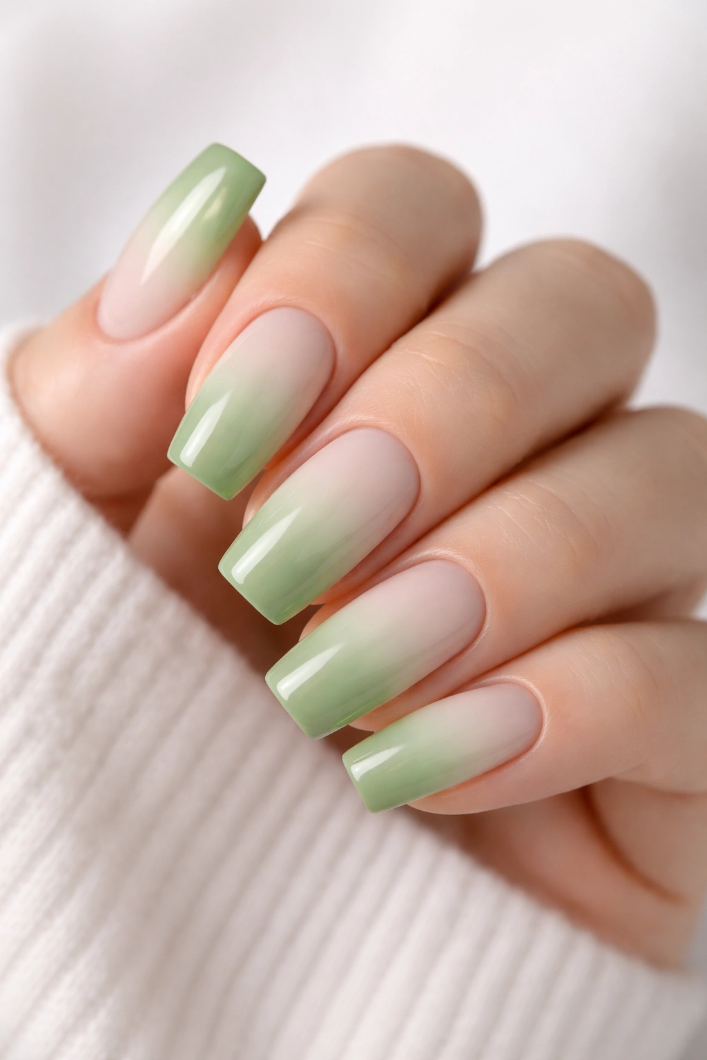 Close-up of green ombre nails in sage to white gradient