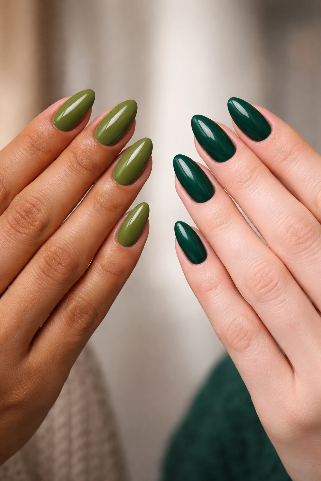 Two hands with different skin tones showing green nail shades: warm olive and emerald