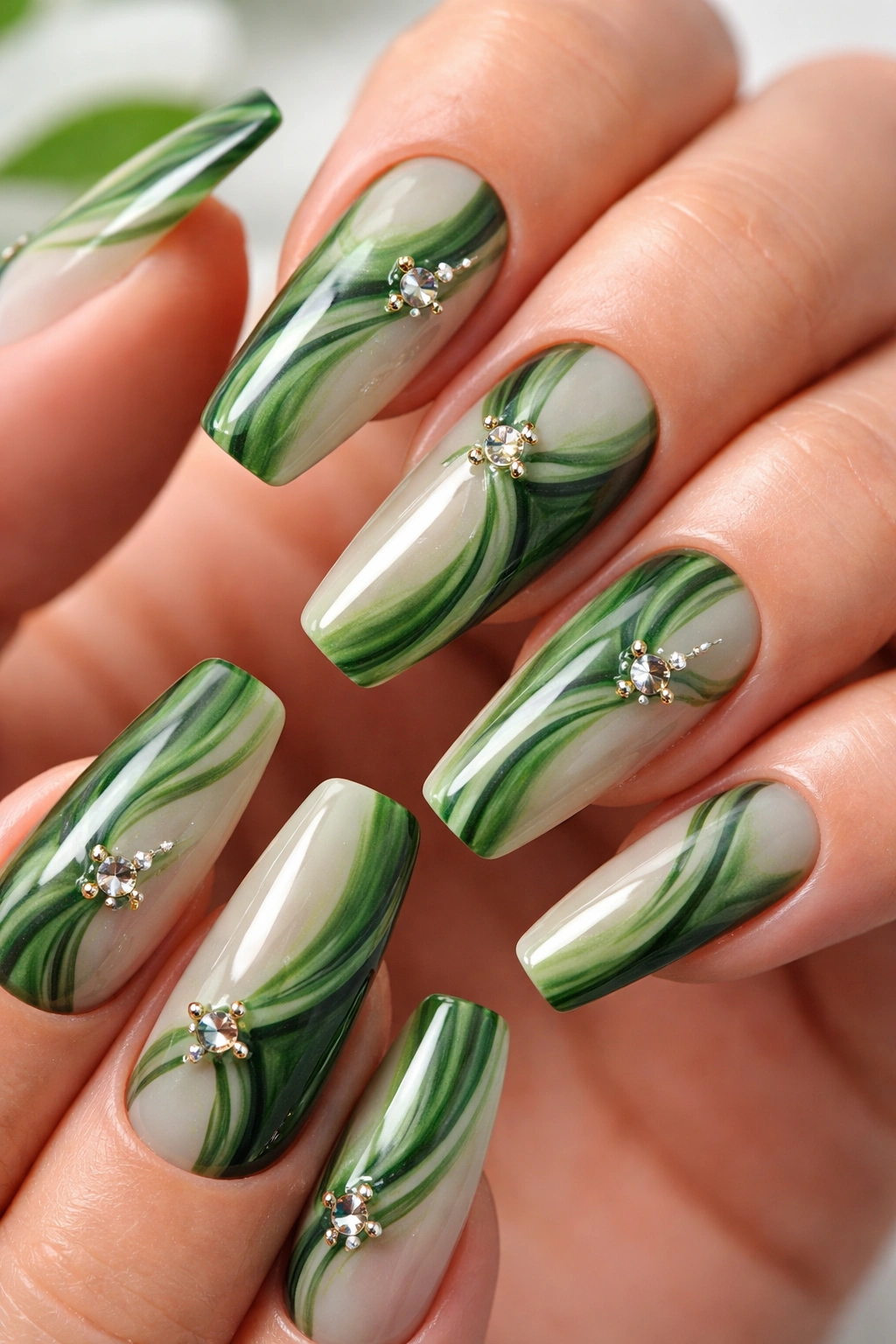 Close-up of green swirl acrylic nails with jewel accents on white studio backdrop