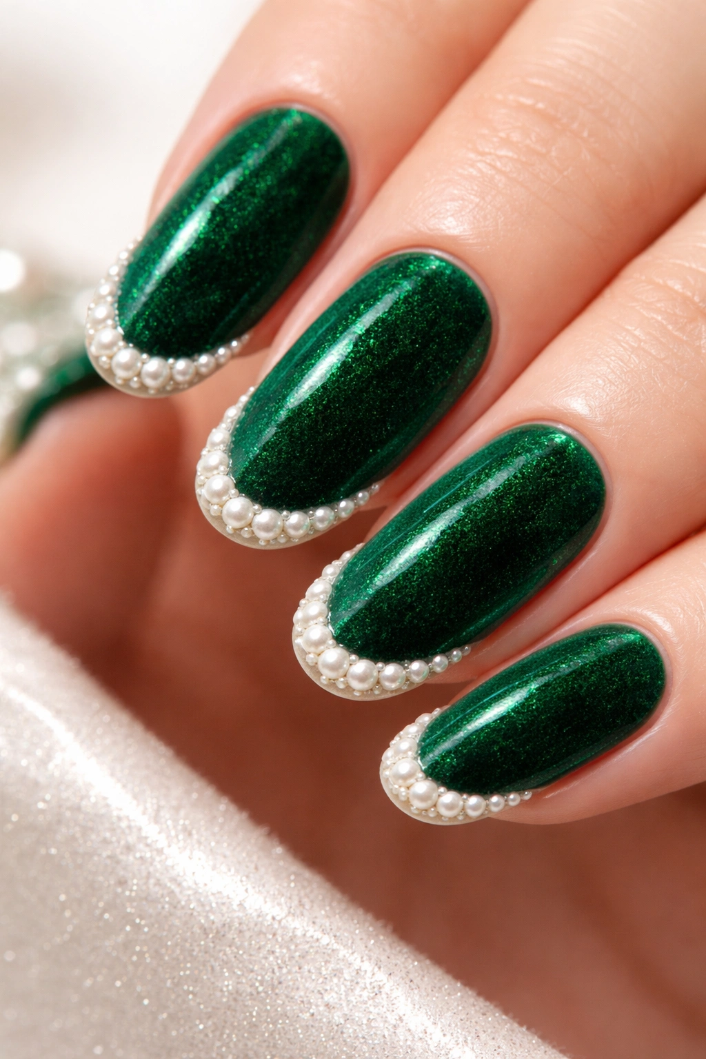 Close-up of emerald green velvet nails with pearl tips