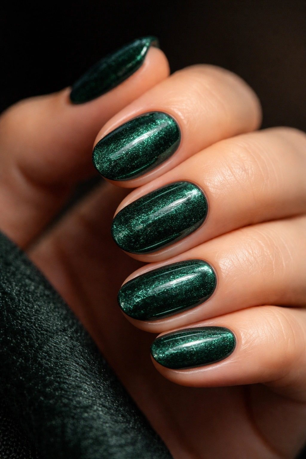Close-up of short oval nails with a rich deep emerald velvet finish.