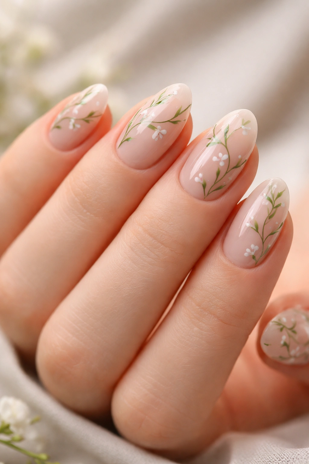 Close-up of short almond nails with green vines and tiny buds