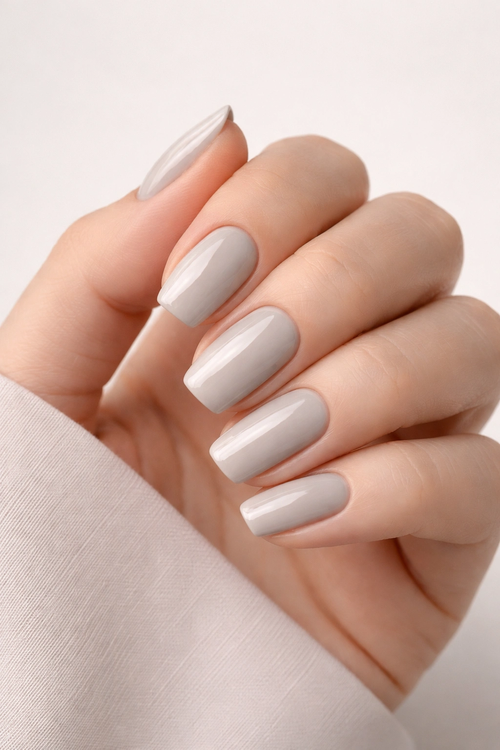 Close-up of hand nails in greige shade