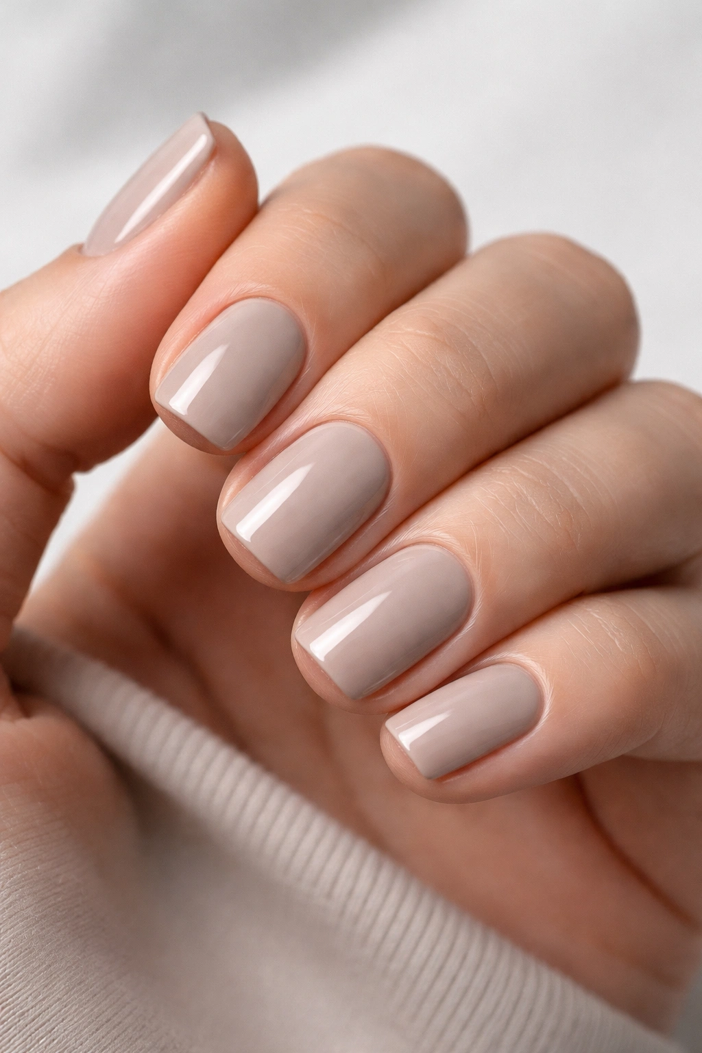 Close-up of short squoval nails in greige on a minimalist background