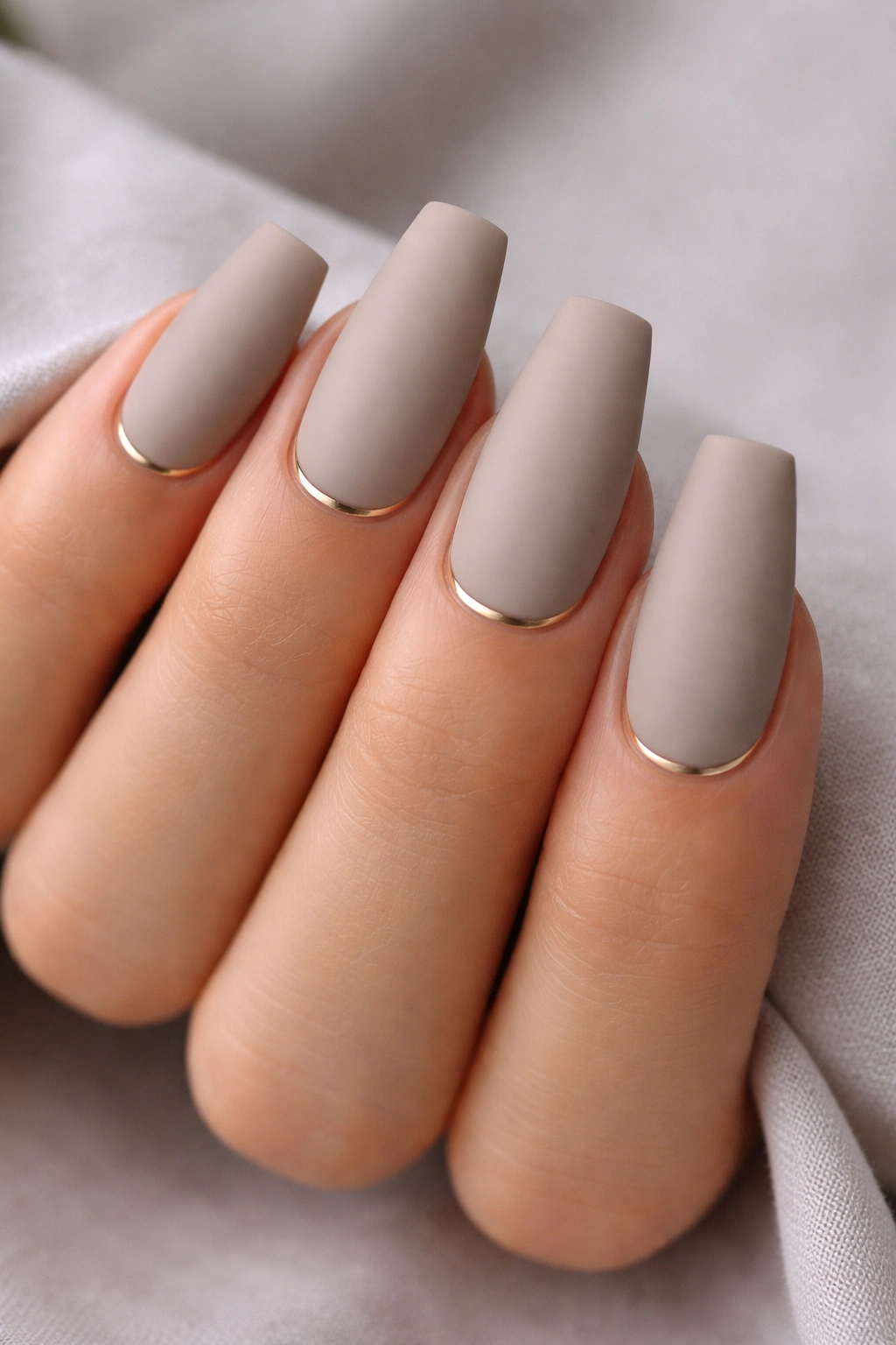 Close-up of matte greige nails with a fine gold half-moon at the cuticle.
