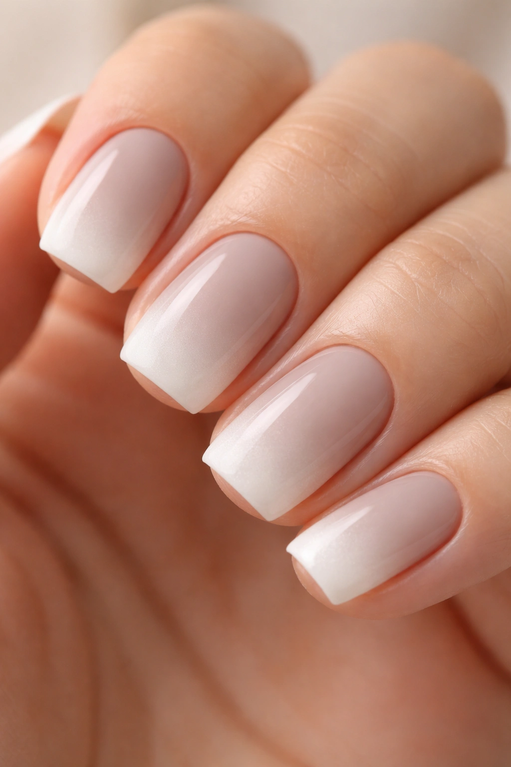 Greige nails with a soft matte white gradient tip on short squoval nails