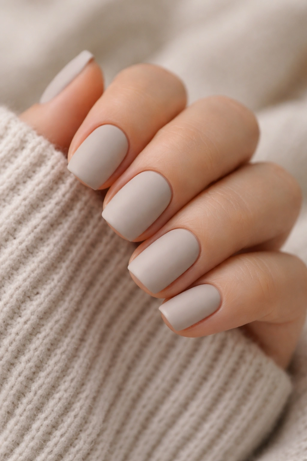Close-up of short squoval nails in soft greige with matte finish