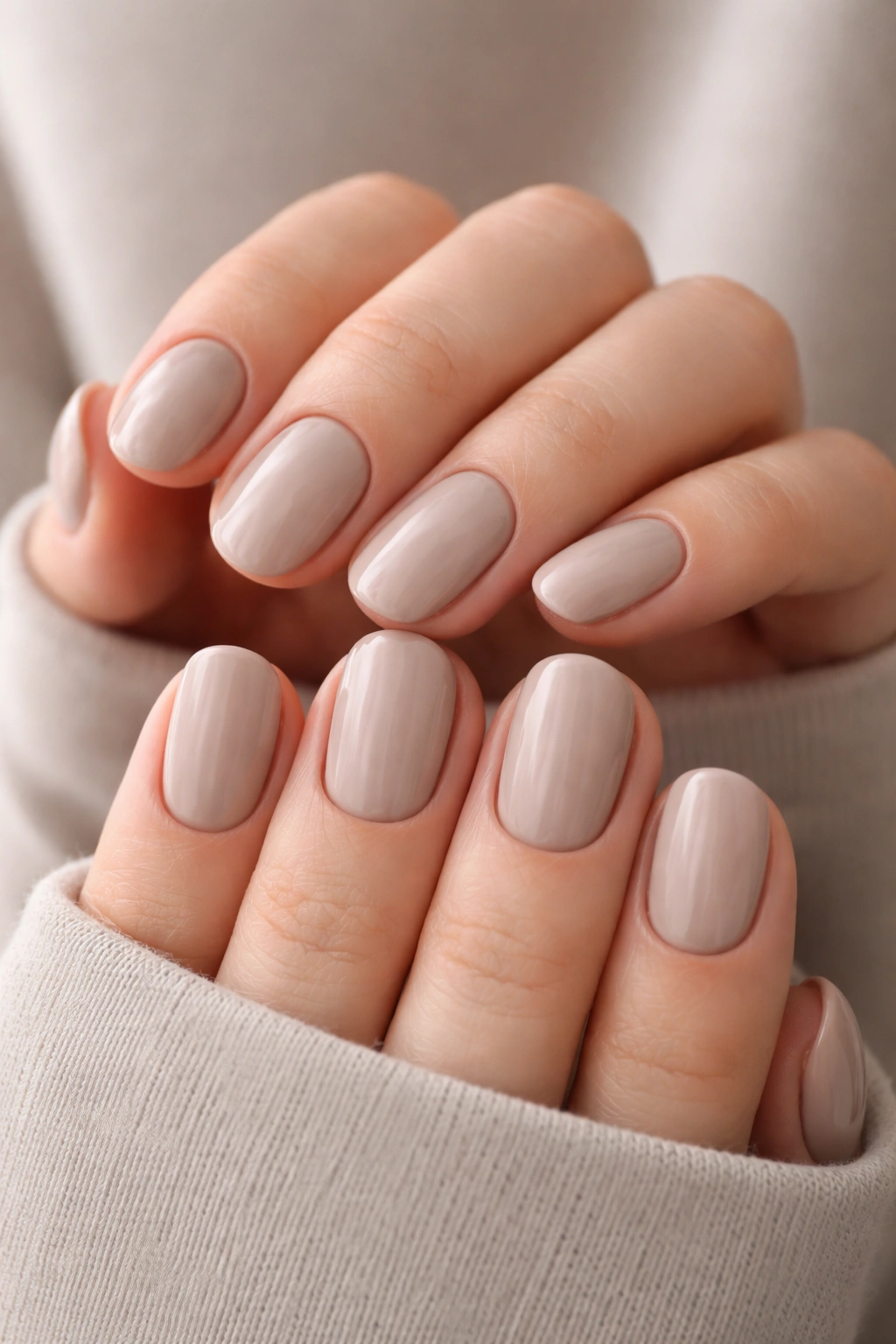 Ten short oval nails in muted greige on a clean hand