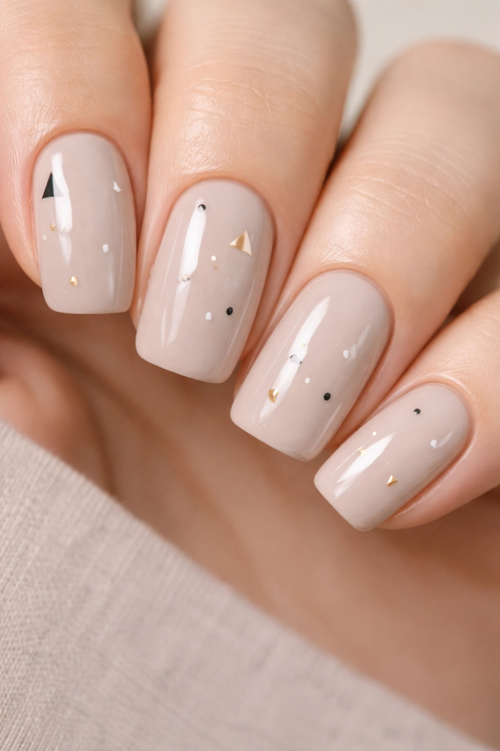 Soft greige nails with scattered minimalist shapes close-up