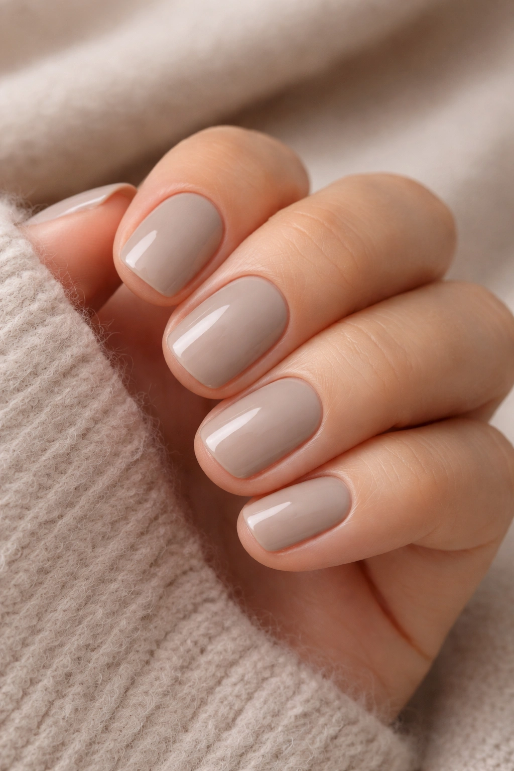 Close-up of soft greige nails on neutral background