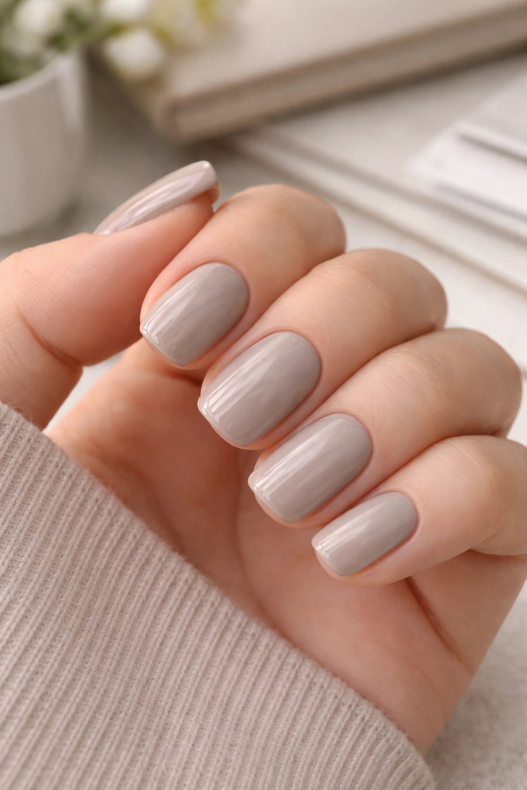 Close-up of soft greige squoval nails with glossy finish