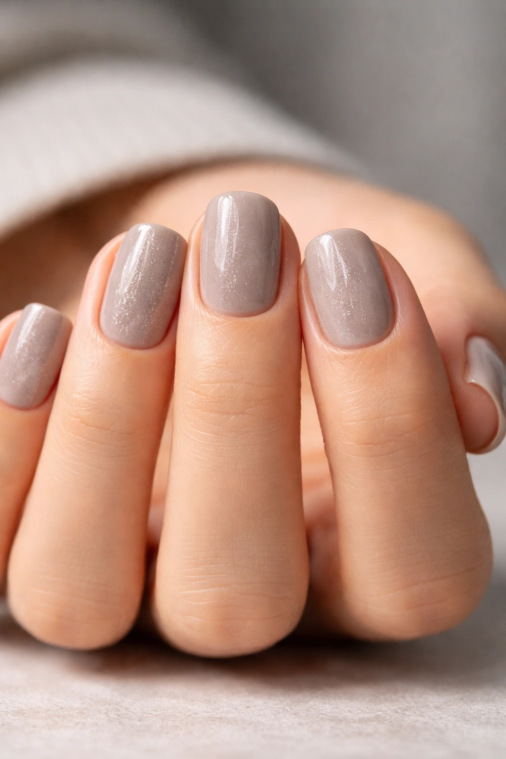Close-up of short squoval nails in greige with subtle sparkle