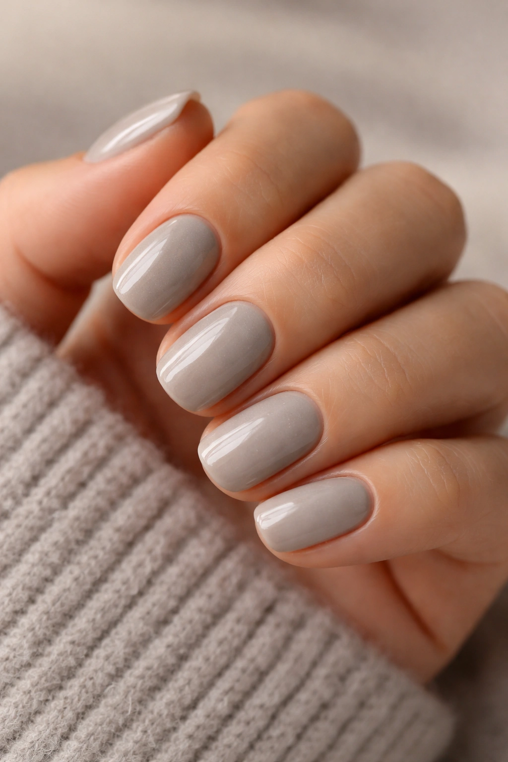Close-up of greige stone short oval nails showing calm neutral color