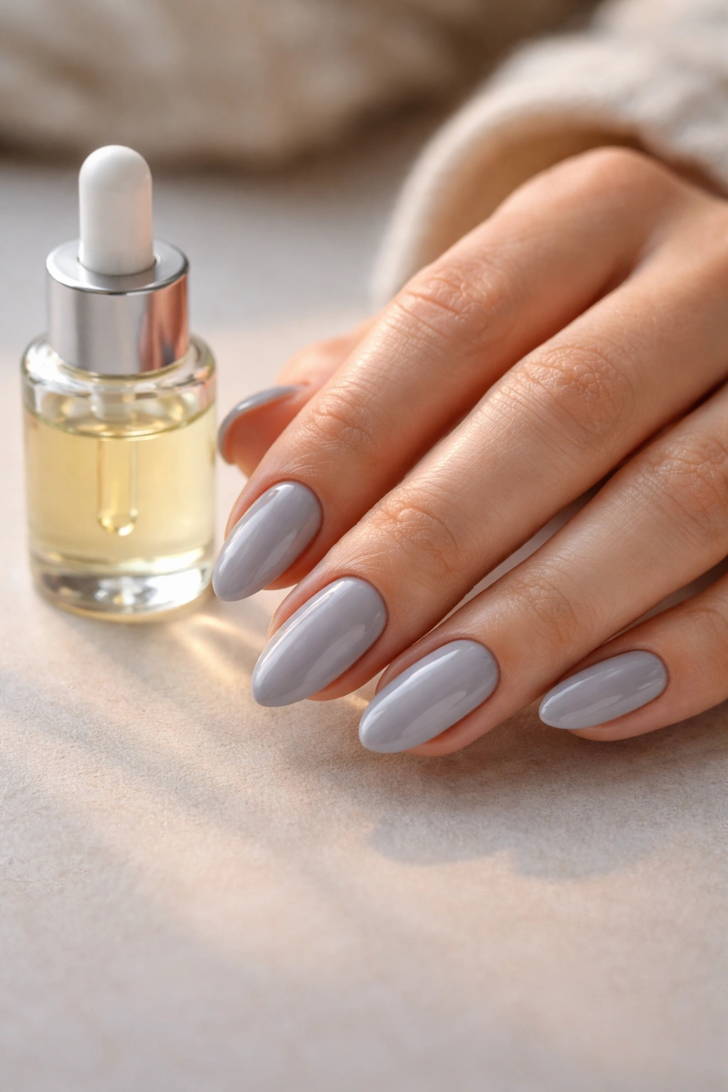 Hand with grey almond nails and plain cuticle oil bottle