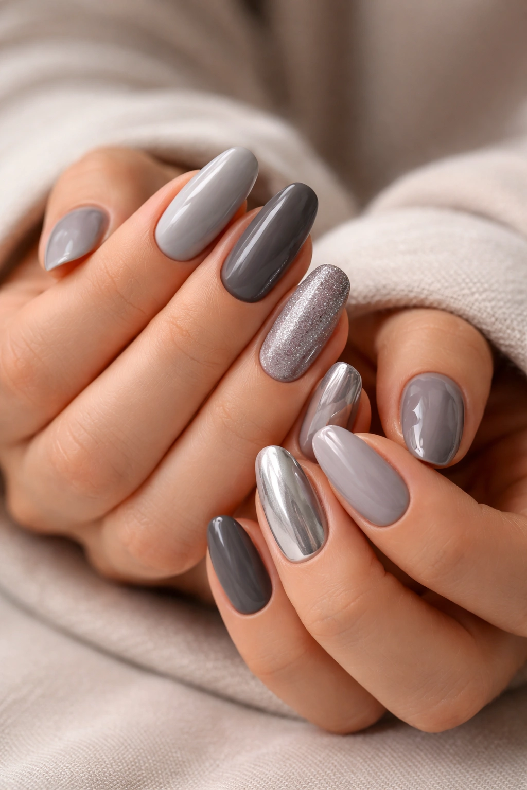 Close-up of hands showing versatile grey nails in a neutral setting
