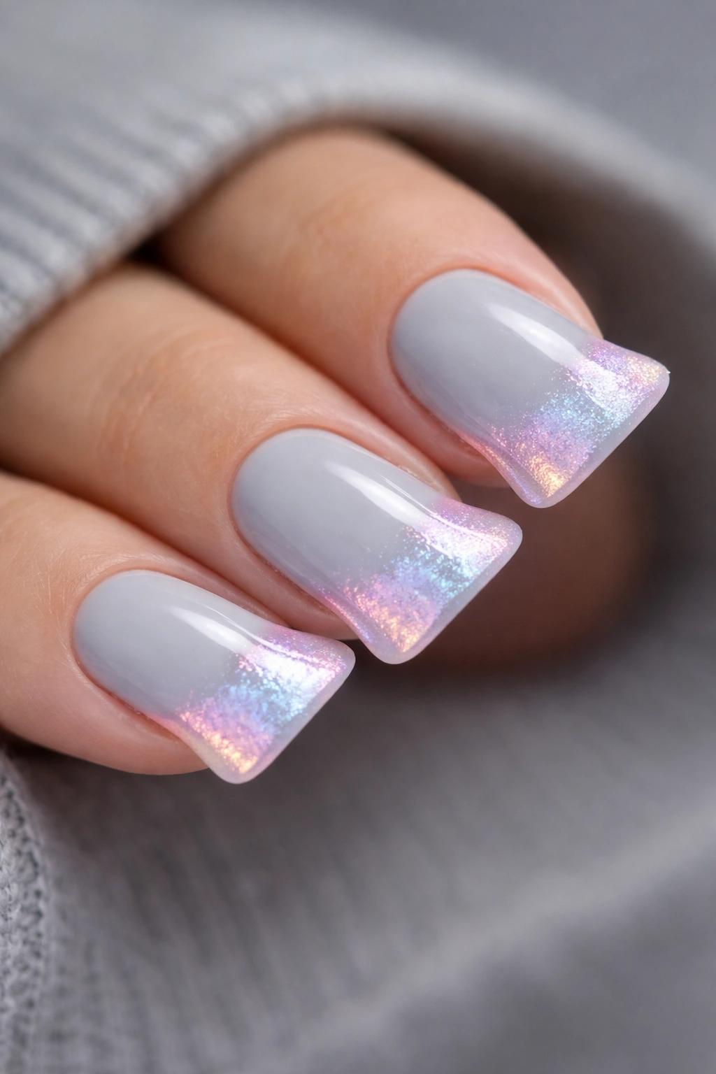 Close-up of a short nail with grey base and iridescent pearl dust on the duck tip