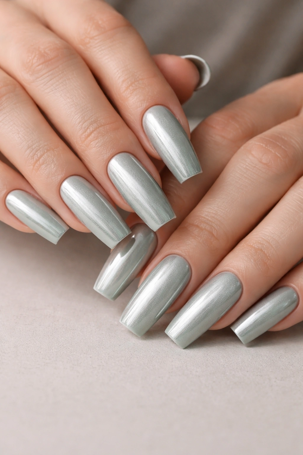 Close-up of grey-sage ballerina nails with a pearlescent chrome veil