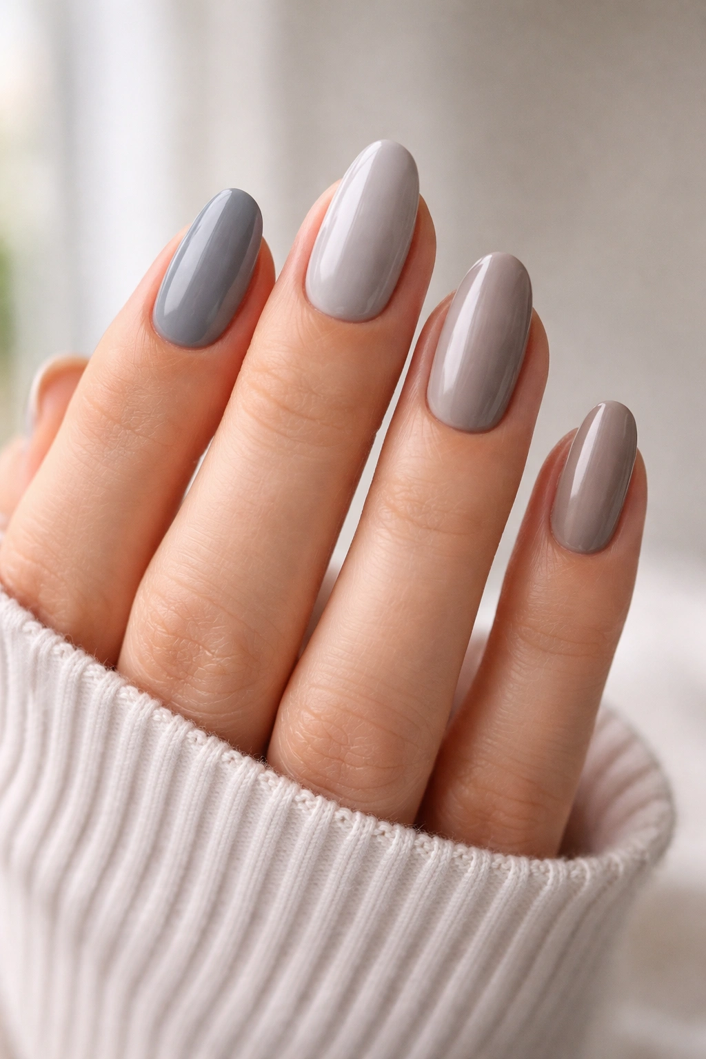 Hand with nails in multiple grey shades showing undertone range