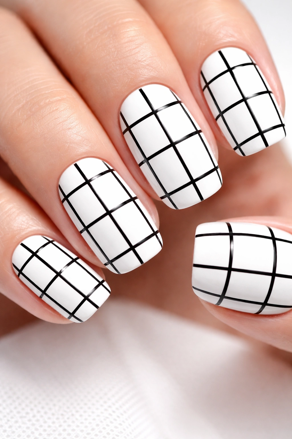 Nails with a black grid over white base