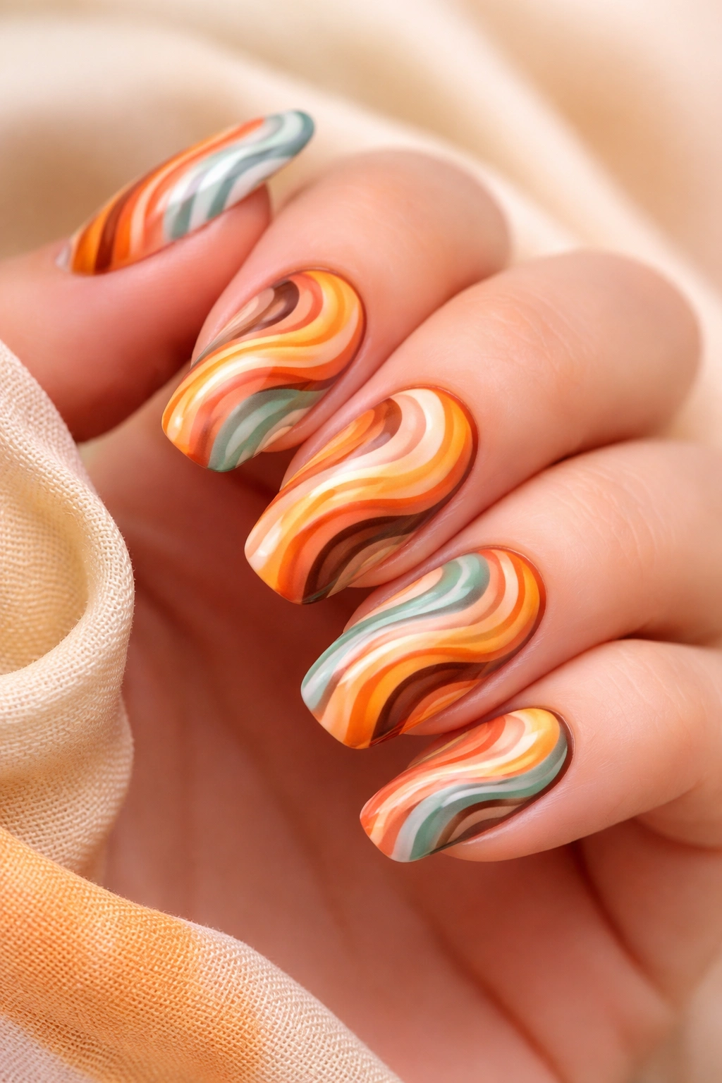 Close-up of nails with flowing groovy wave patterns in retro colors