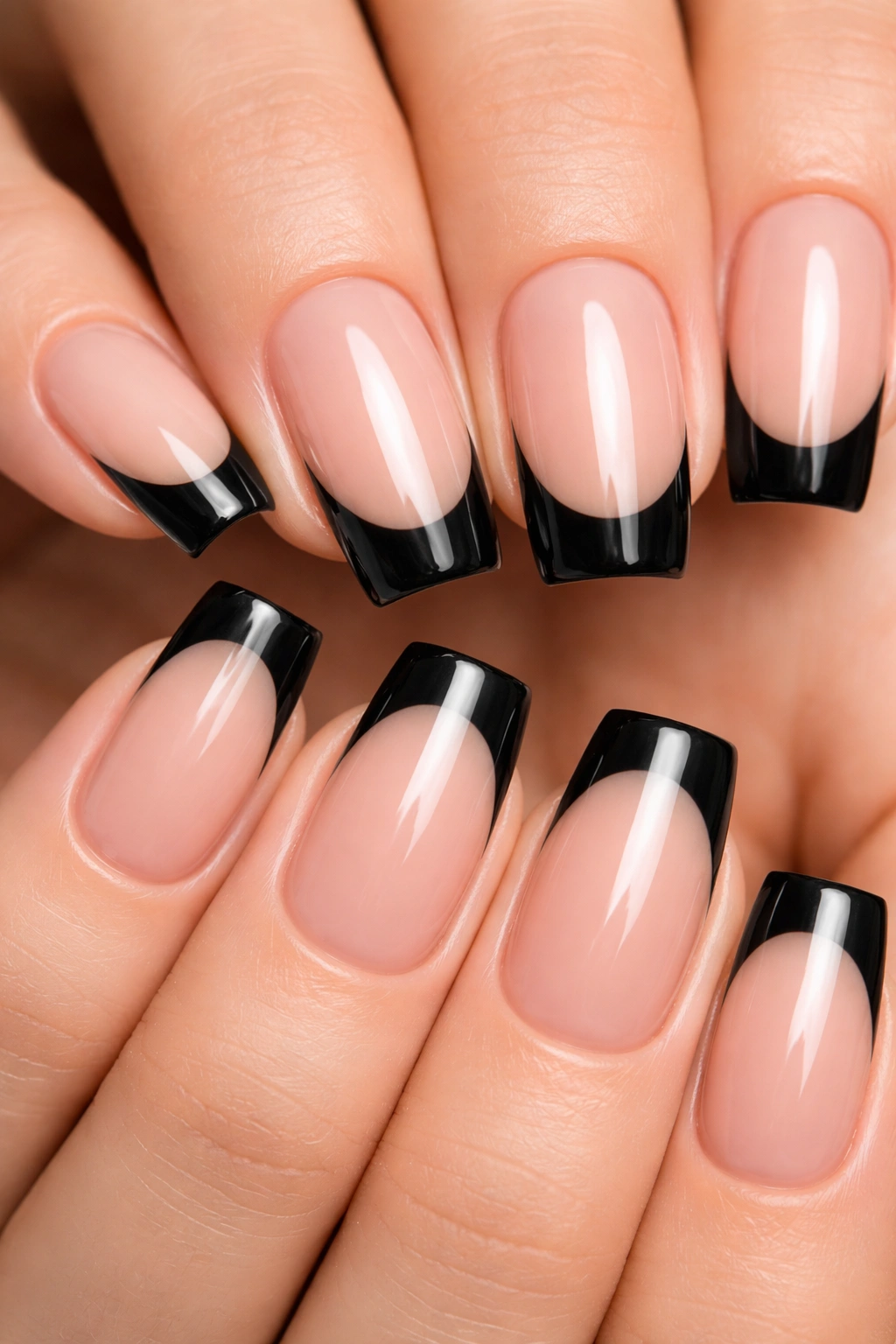 Nude nails with black French tips on short square coffin nails
