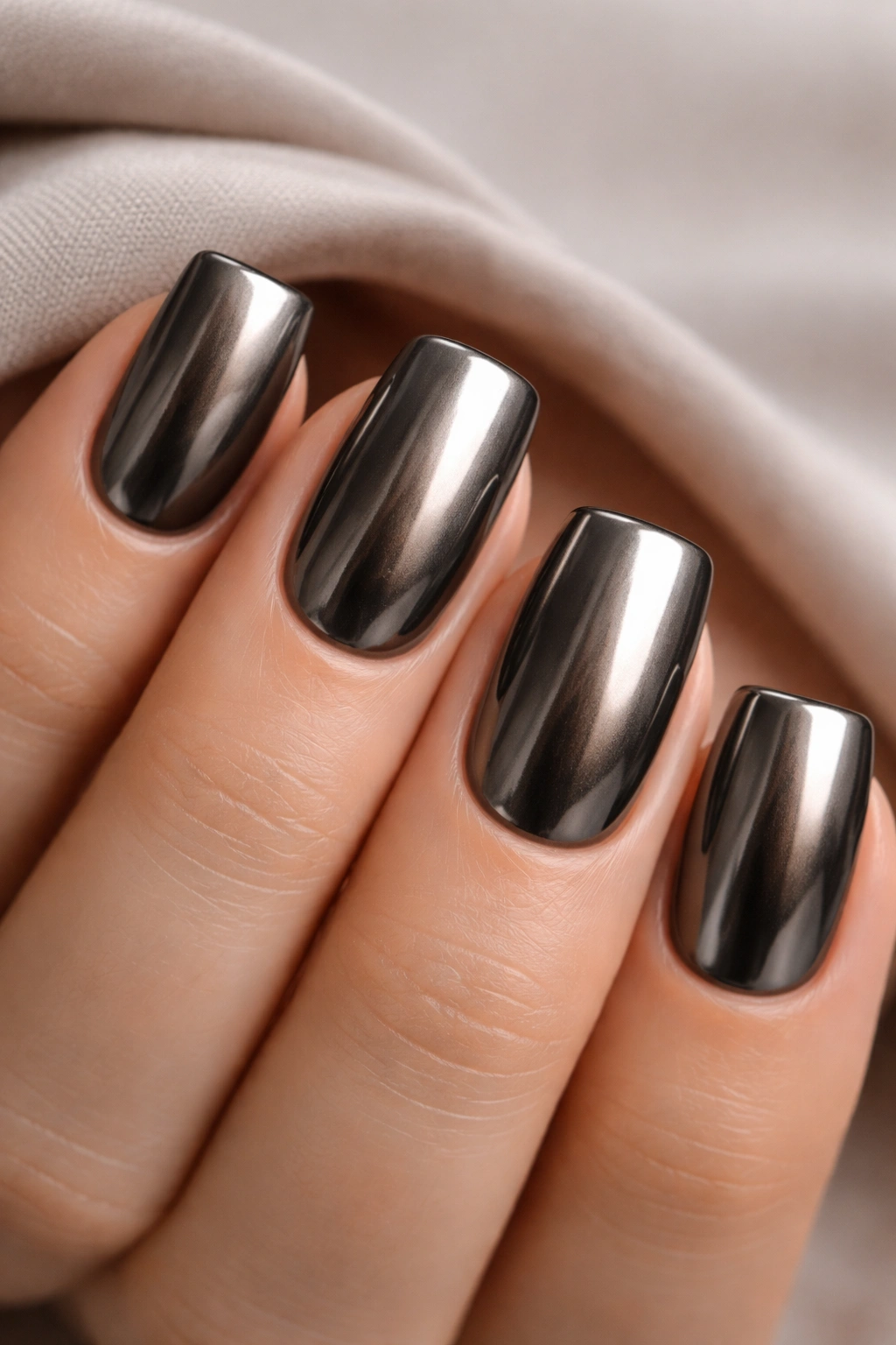 Gunmetal chrome nails with metallic finish