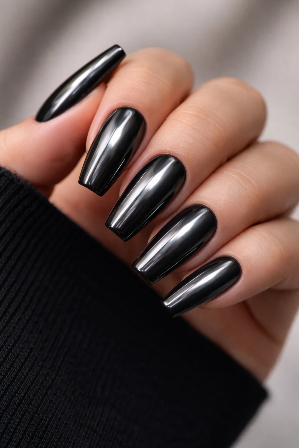 Gunmetal chrome black ballerina nails with reflective finish
