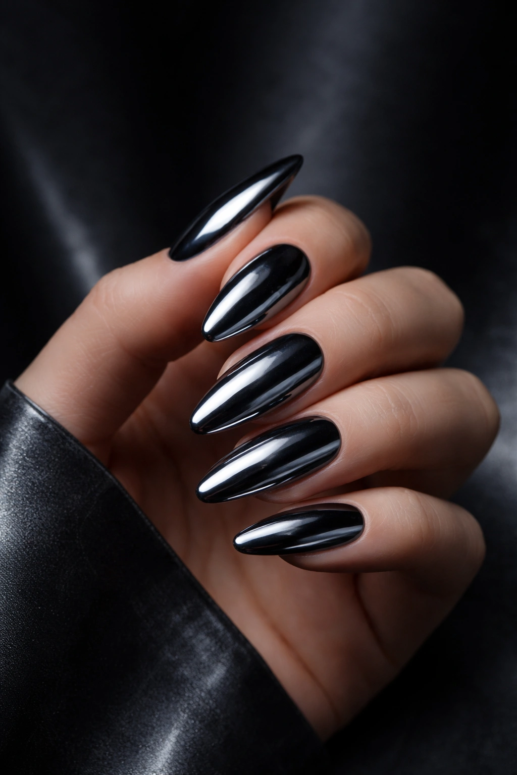 Close-up of hand with deep gunmetal chrome nails in moody lighting