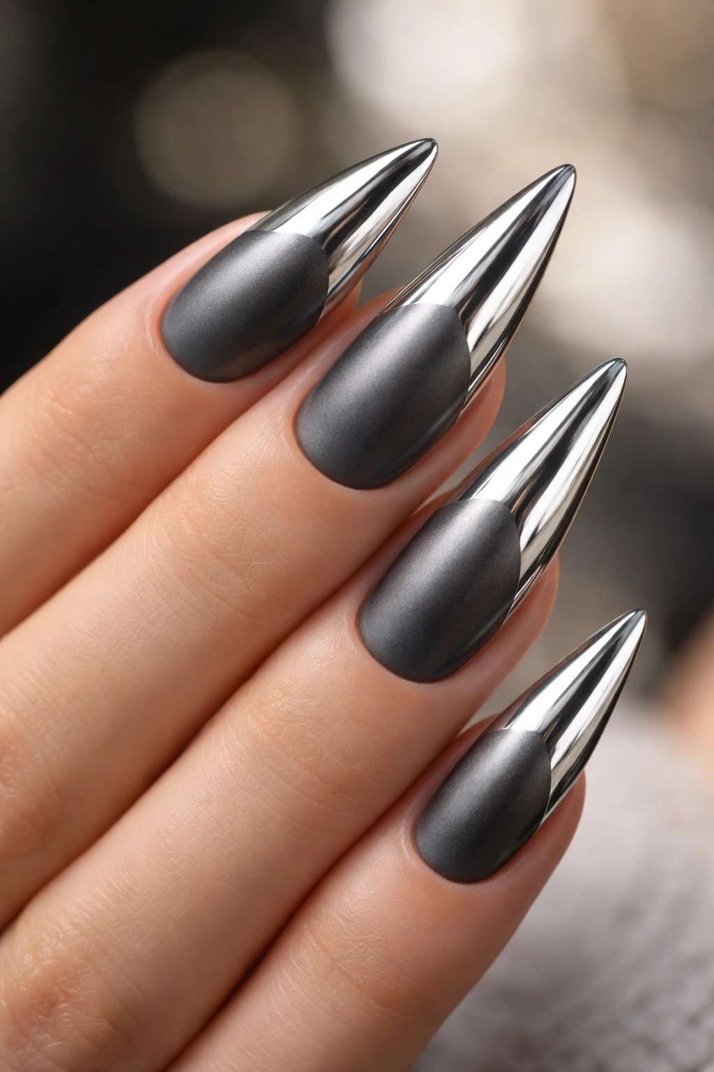Nails with a matte gunmetal base and chrome reverse French tip