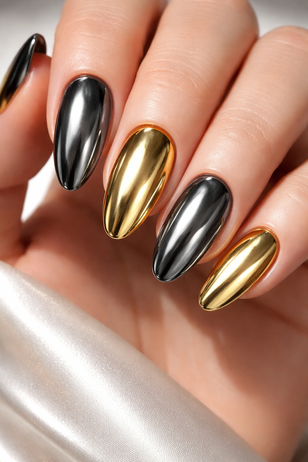 Two-tone nails in gunmetal and gold with crisp separation