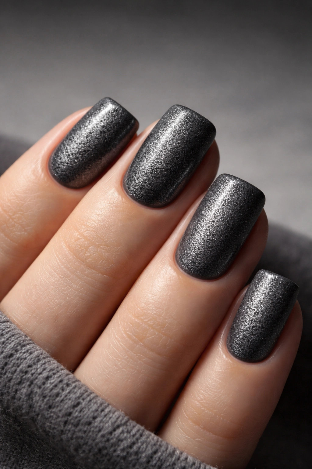 Gunmetal gray nails with debossed texture on squoval nails