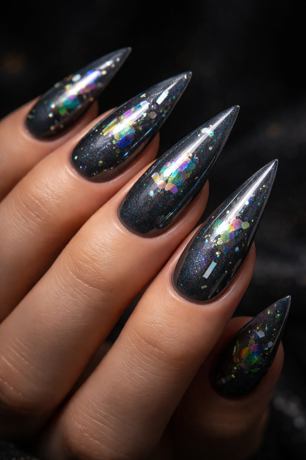Gunmetal grey stiletto nails with scattered holographic shards reflecting rainbow light.