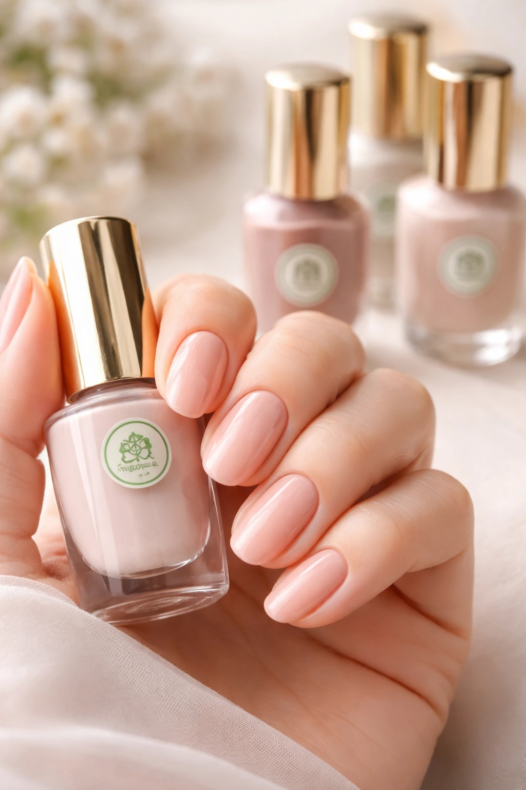 Close-up of nails painted in a polished nude shade representing halal-brand selection.