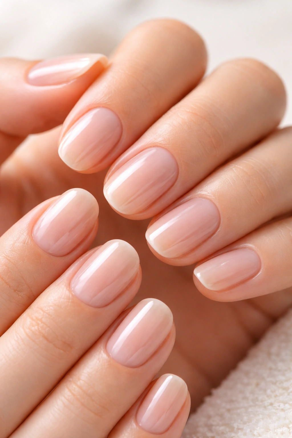 Close-up of hands with clean nails and subtle shine from breathable top coat.