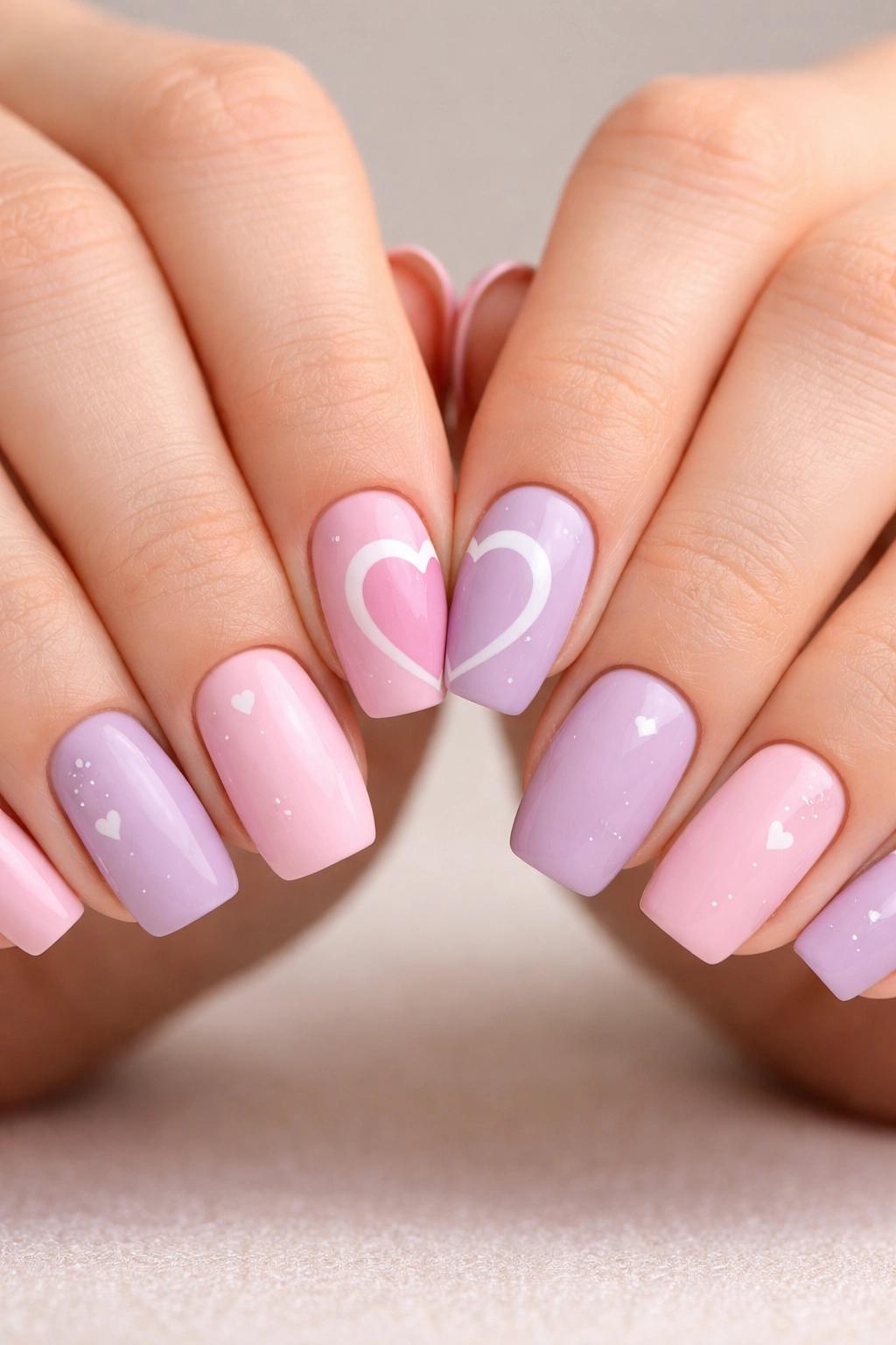 Two hands with half-heart nails forming complete hearts when joined