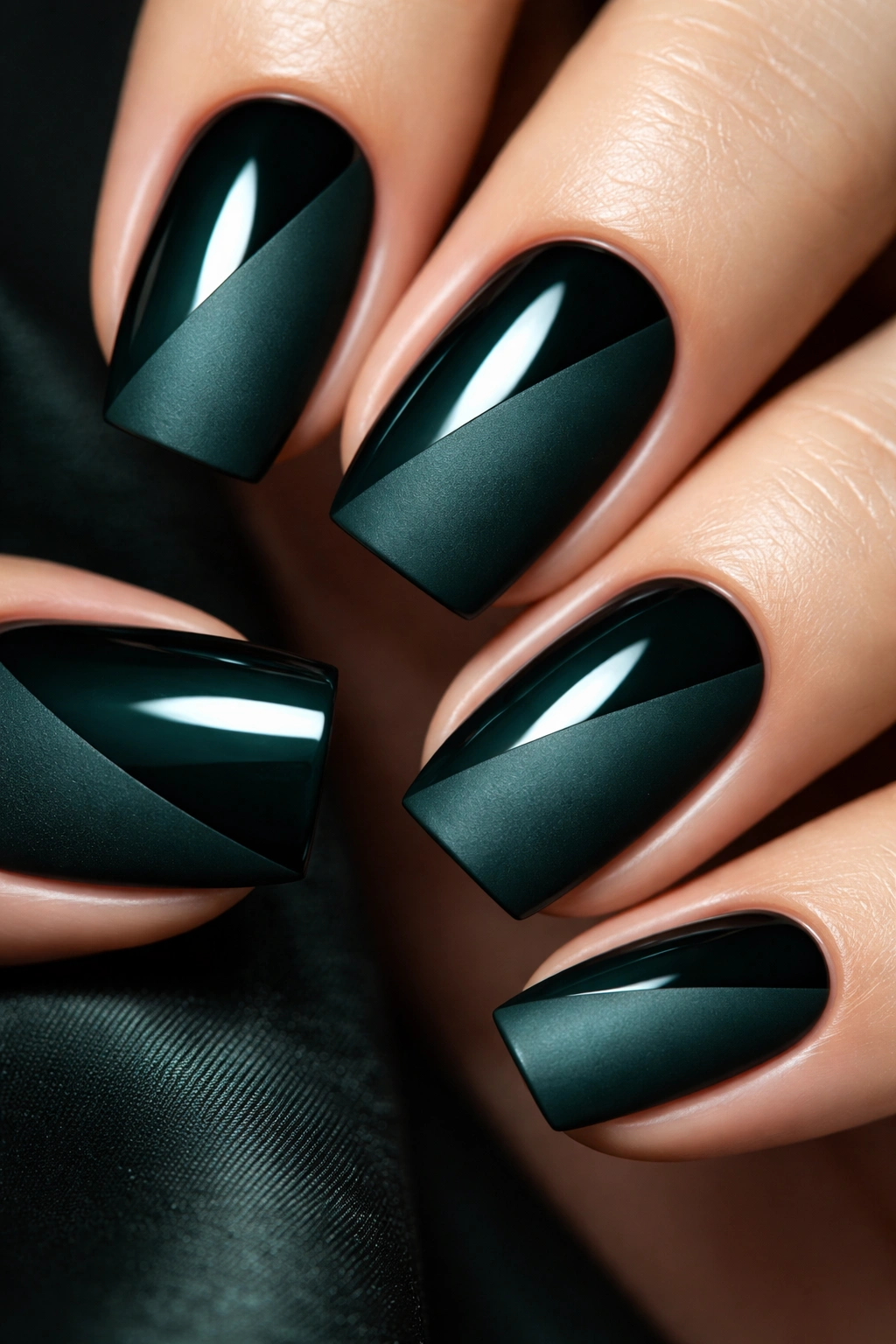 Nails with half matte half glossy diagonal split in a jewel tone