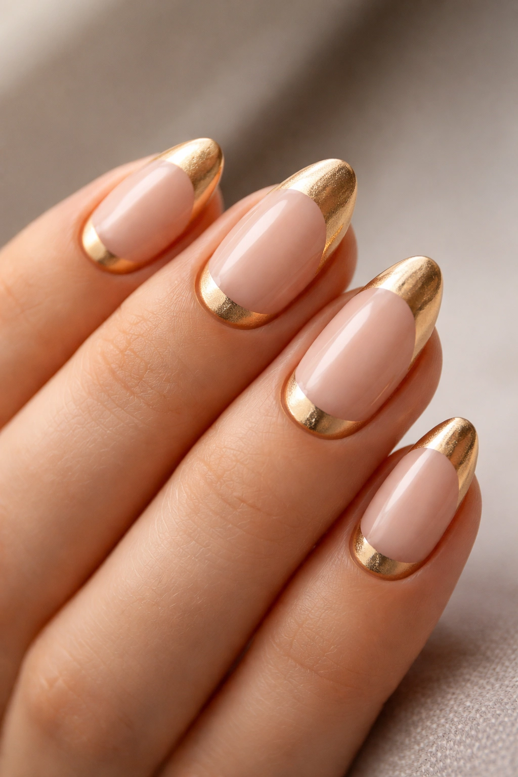 Close-up of almond nails with a gold half-moon at the base