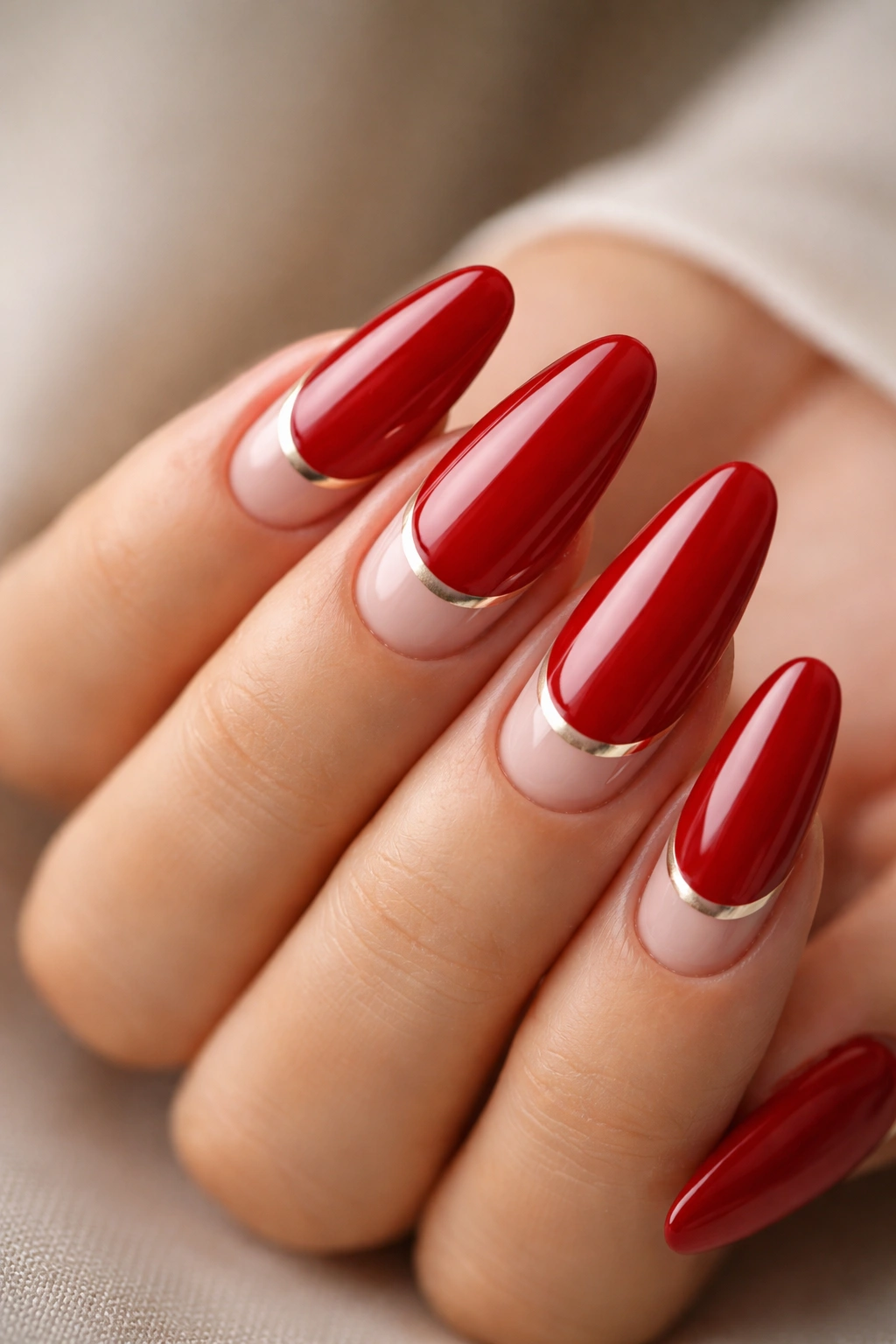 Nails showing red base with exposed natural half moon at the base