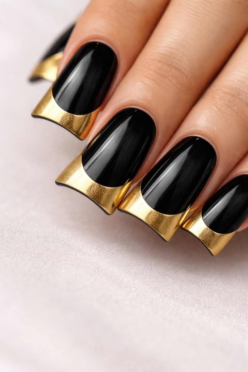 Close-up of a duck nail with black base and gold half-moon tip
