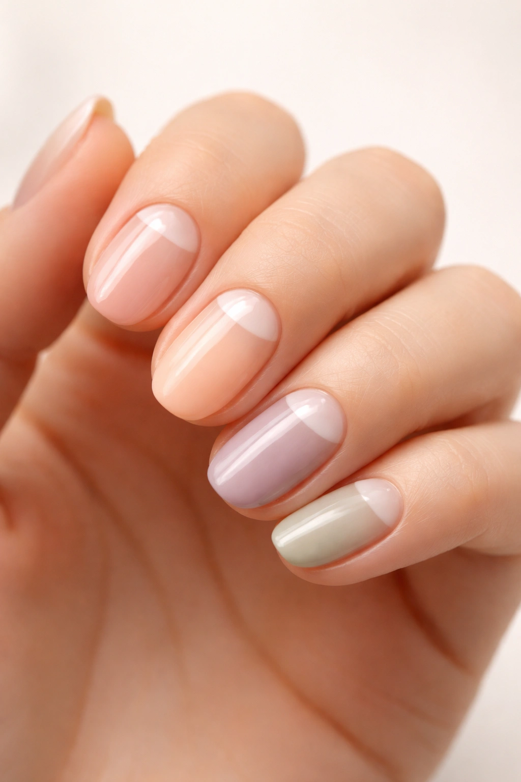 Close-up of half-moon negative space manicure with unpainted base and colored tips