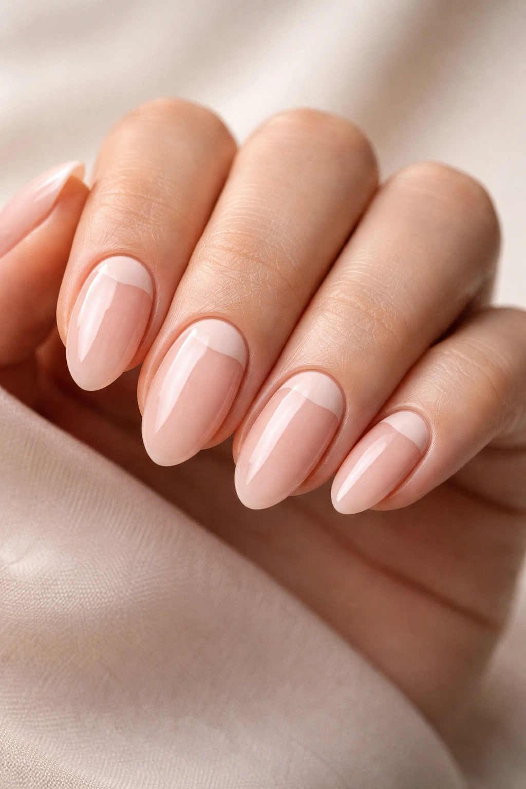 Close-up of short almond nails with half-moon negative space near cuticle
