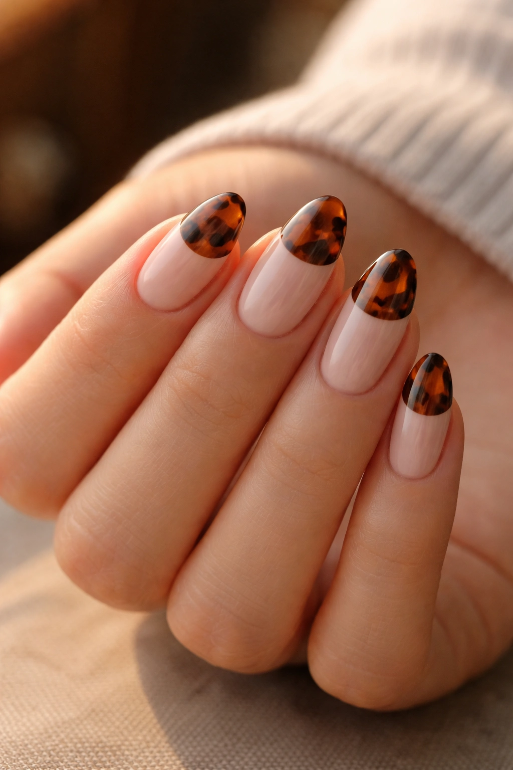 Half-moon tortoiseshell on short almond nails near the cuticle