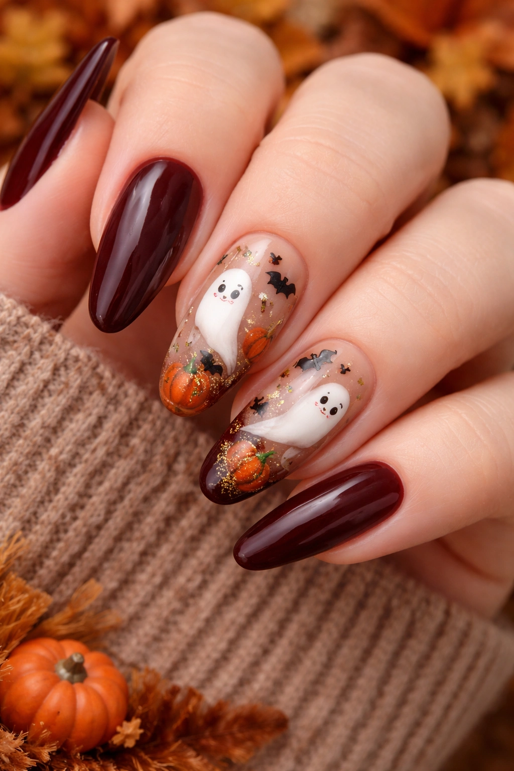Close-up of nails with ghost and pumpkin designs on burgundy base
