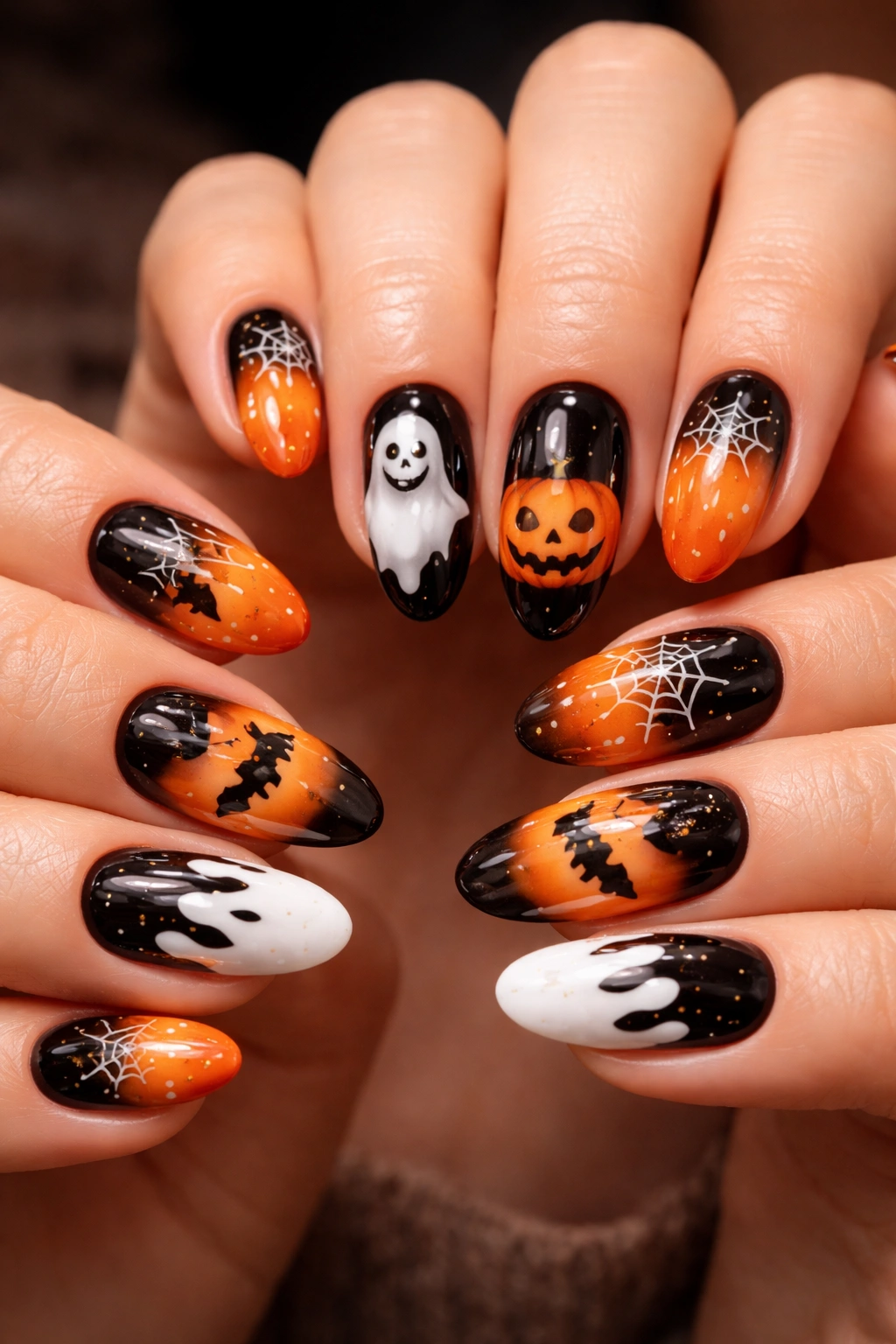 Close-up of two hands with matching Halloween nail designs, neat nails and moisturized cuticles