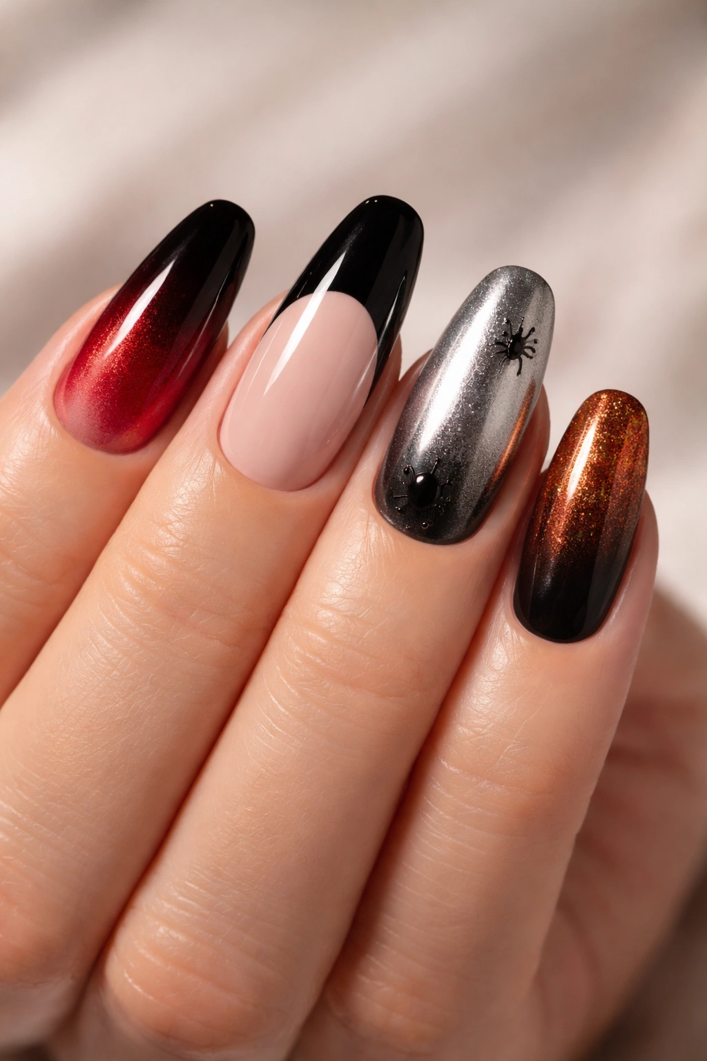 Close-up of a five-nail Halloween manicure set in varied designs on a neutral backdrop