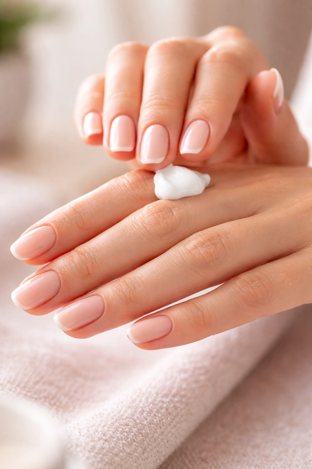Hands applying hand cream to nails and cuticles