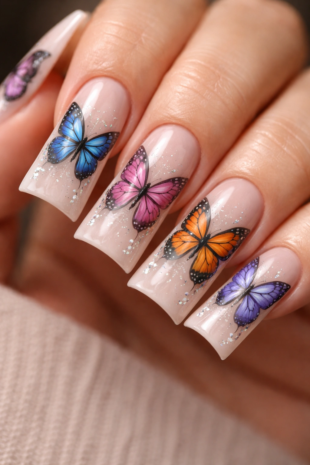Close-up of duck nails with hand-painted realistic butterfly wings